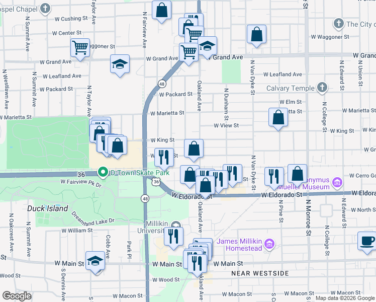 map of restaurants, bars, coffee shops, grocery stores, and more near 1139-1153 West King Street in Decatur
