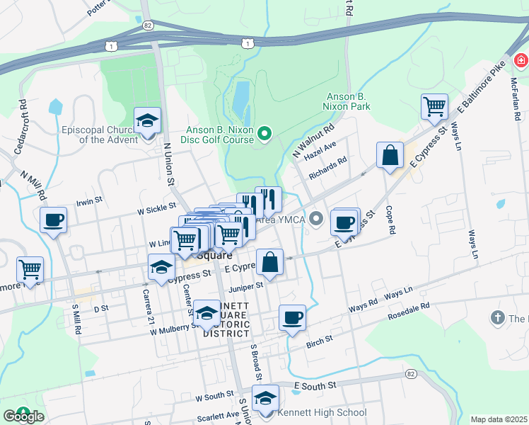 map of restaurants, bars, coffee shops, grocery stores, and more near 137 North Willow Street in Kennett Square