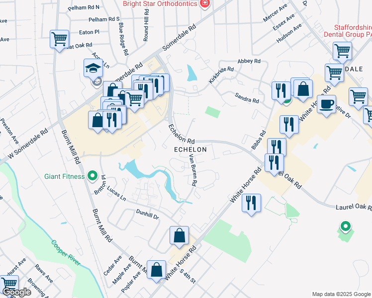 map of restaurants, bars, coffee shops, grocery stores, and more near in Voorhees Township