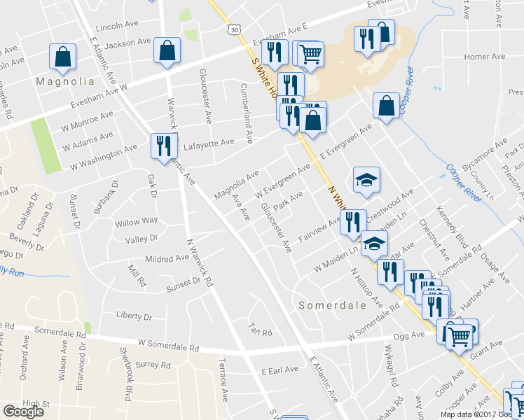 map of restaurants, bars, coffee shops, grocery stores, and more near 304 Park Avenue in Somerdale