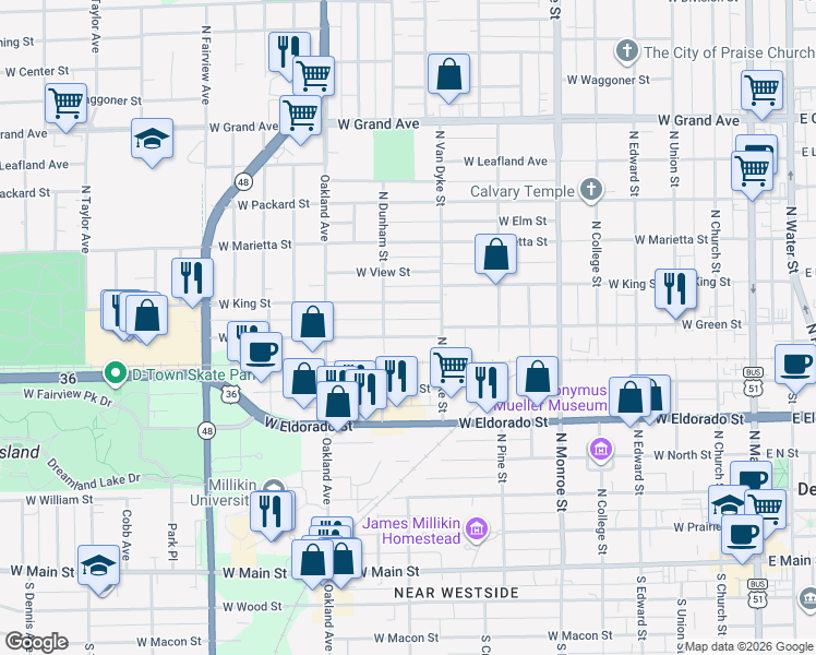 map of restaurants, bars, coffee shops, grocery stores, and more near 901-999 W King St in Decatur