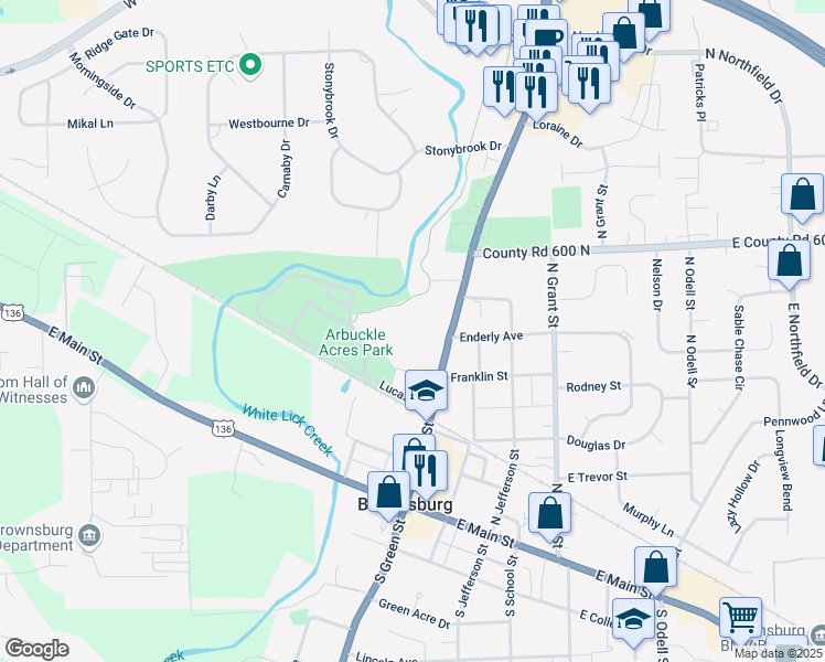 map of restaurants, bars, coffee shops, grocery stores, and more near 326 North Green Street in Brownsburg