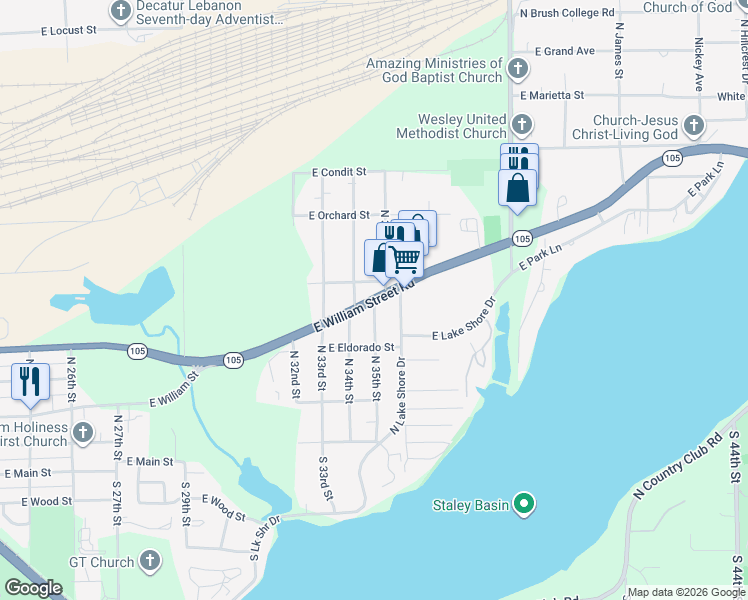 map of restaurants, bars, coffee shops, grocery stores, and more near 598 N 35th St in Decatur