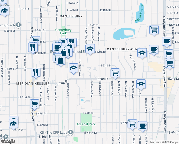 map of restaurants, bars, coffee shops, grocery stores, and more near 5234 Luzzane Drive in Indianapolis