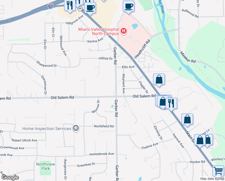 map of restaurants, bars, coffee shops, grocery stores, and more near 7045 Garber Road in Dayton