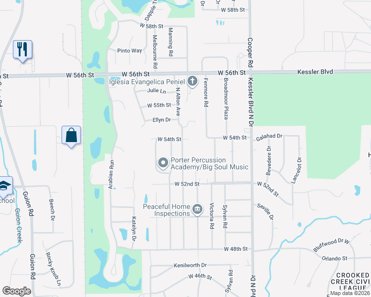 map of restaurants, bars, coffee shops, grocery stores, and more near 3339 West 54th Street in Indianapolis