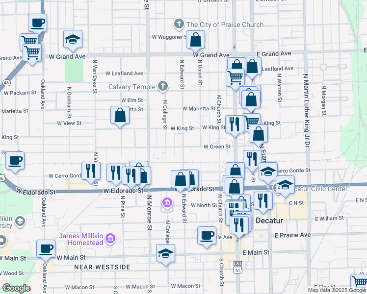 map of restaurants, bars, coffee shops, grocery stores, and more near 800 North Edward Street in Decatur