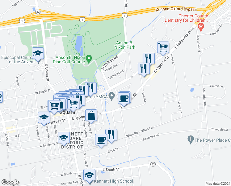 map of restaurants, bars, coffee shops, grocery stores, and more near 108 South Walnut Street in Kennett Square