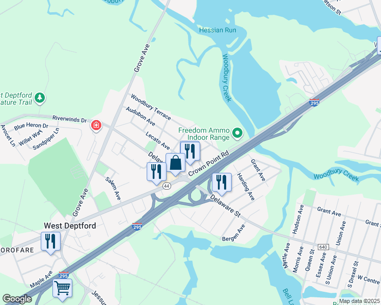 map of restaurants, bars, coffee shops, grocery stores, and more near 107 Audubon Avenue in West Deptford