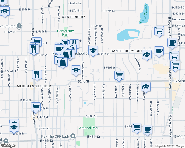 map of restaurants, bars, coffee shops, grocery stores, and more near 5234 Luzzane Drive in Indianapolis