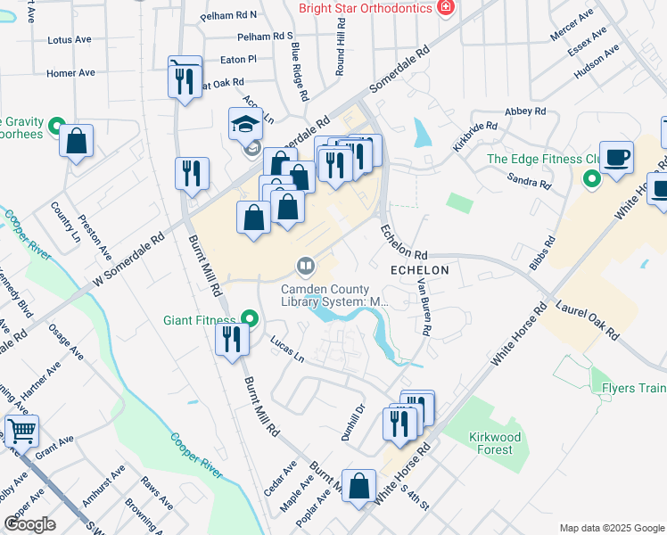 map of restaurants, bars, coffee shops, grocery stores, and more near 209 Laurel Road in Voorhees Township