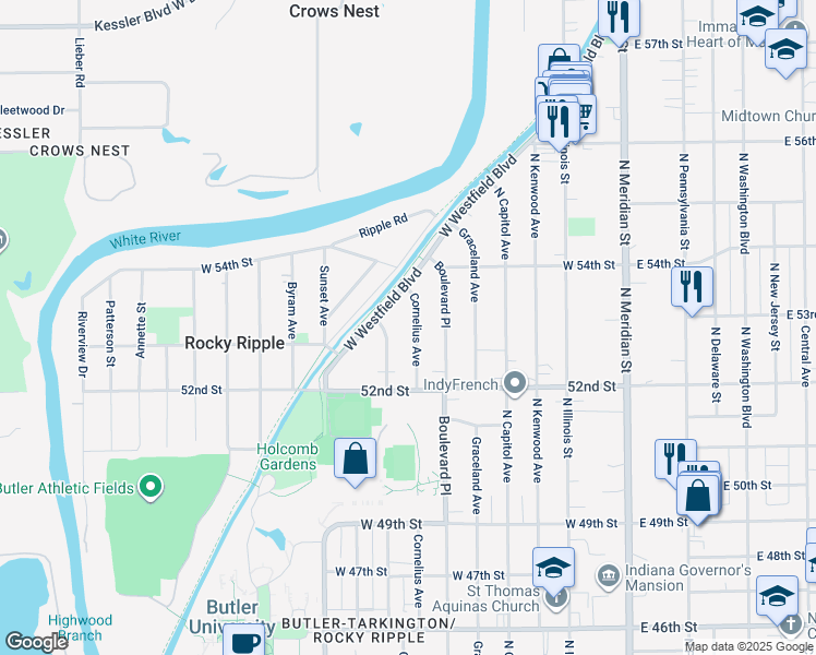 map of restaurants, bars, coffee shops, grocery stores, and more near 421 West Westfield Boulevard in Indianapolis