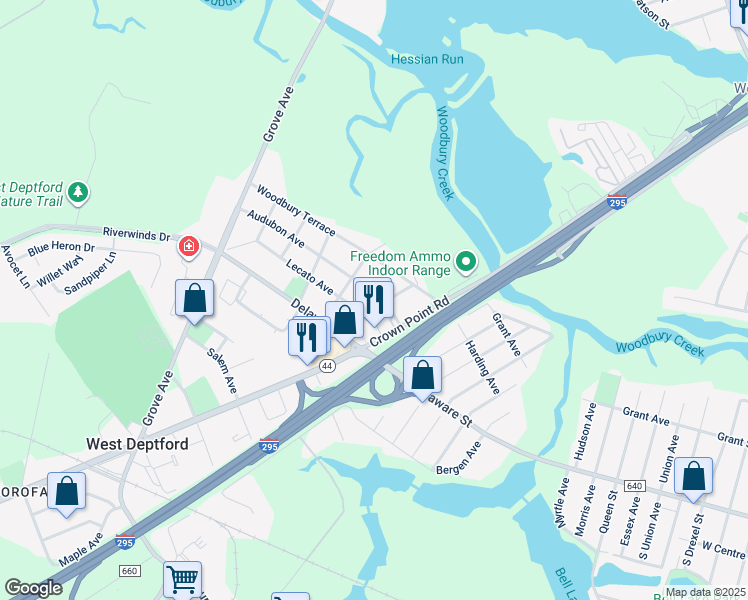 map of restaurants, bars, coffee shops, grocery stores, and more near 107 Audubon Avenue in West Deptford