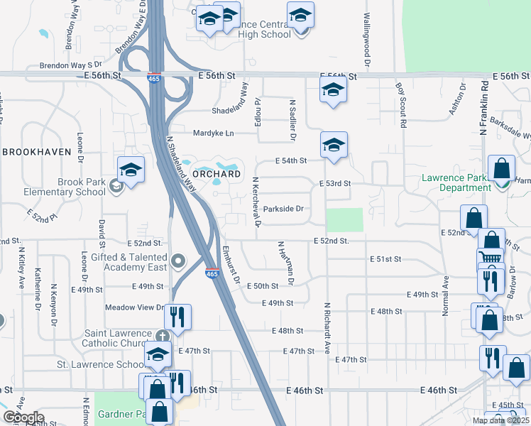 map of restaurants, bars, coffee shops, grocery stores, and more near 7320 Parkside Drive in Lawrence