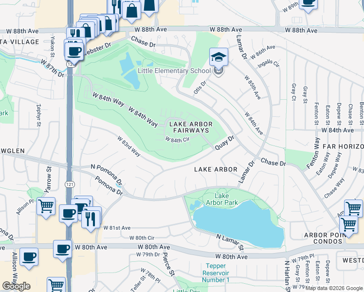 map of restaurants, bars, coffee shops, grocery stores, and more near 6735 West 84th Circle in Arvada