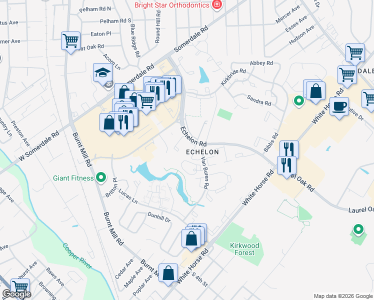 map of restaurants, bars, coffee shops, grocery stores, and more near 262 Echelon Road in Voorhees Township