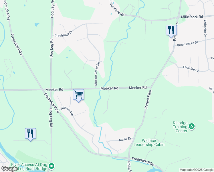 map of restaurants, bars, coffee shops, grocery stores, and more near 7155 Meeker Road in Dayton