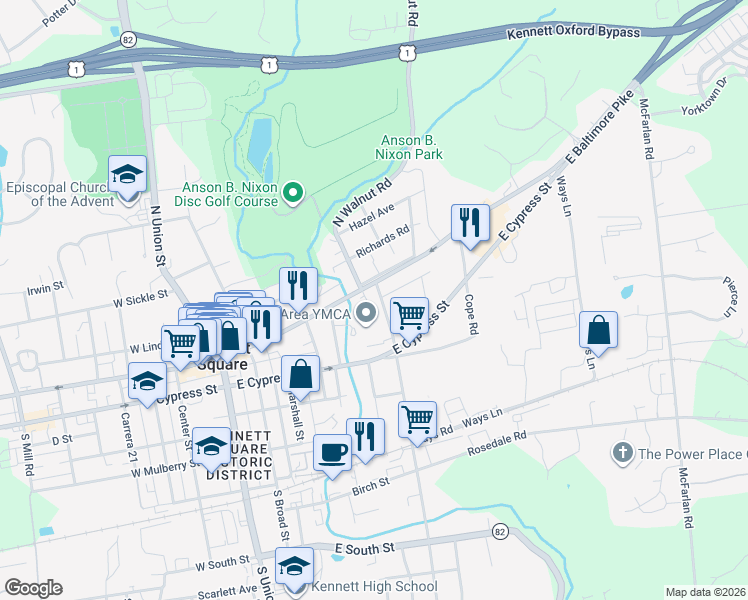 map of restaurants, bars, coffee shops, grocery stores, and more near 100 South Walnut Street in Kennett Square