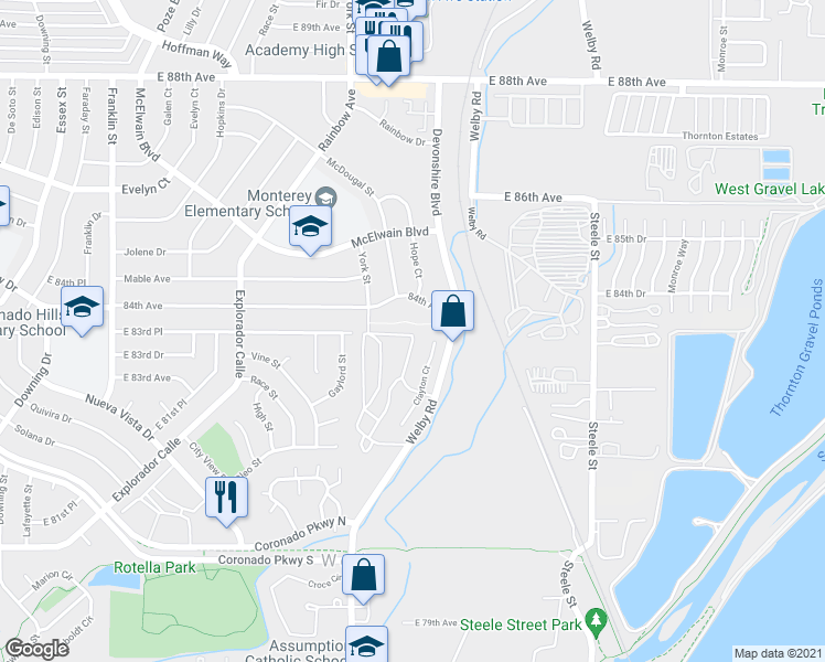 map of restaurants, bars, coffee shops, grocery stores, and more near 2540 East 84th Avenue in Denver