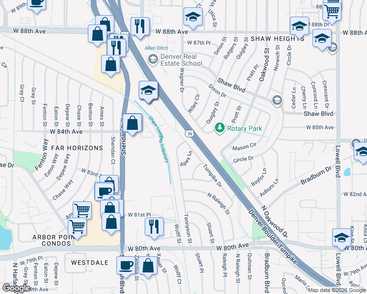 map of restaurants, bars, coffee shops, grocery stores, and more near 8393 Tennyson Street in Westminster