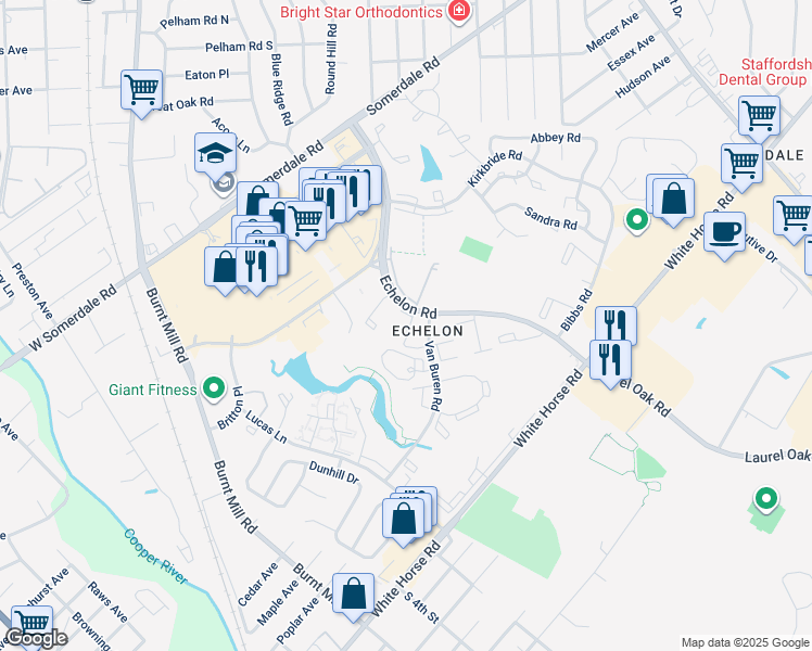 map of restaurants, bars, coffee shops, grocery stores, and more near 262 Echelon Road in Voorhees Township