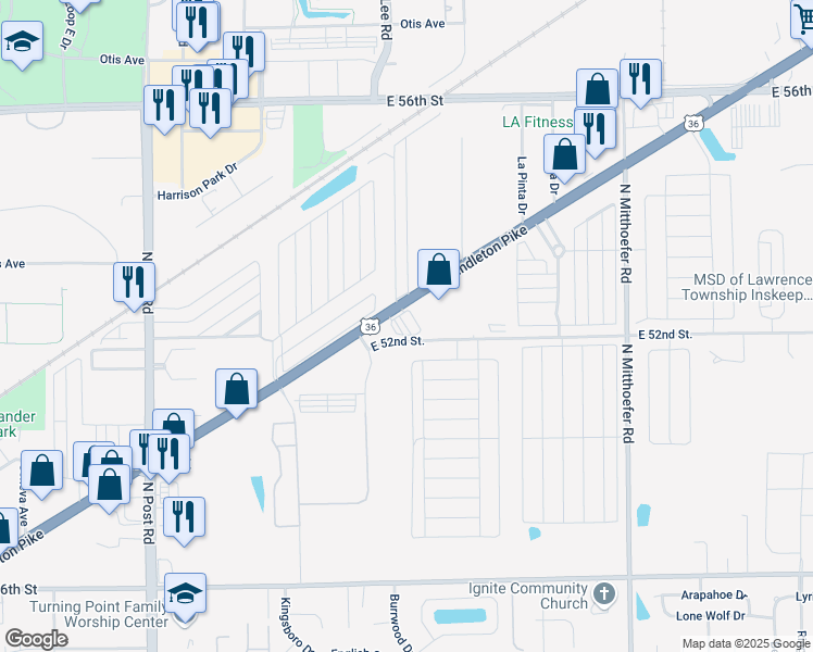 map of restaurants, bars, coffee shops, grocery stores, and more near 9535 Pendleton Pike in Indianapolis