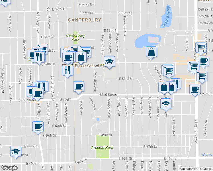 map of restaurants, bars, coffee shops, grocery stores, and more near 5234 Luzzane Drive in Indianapolis