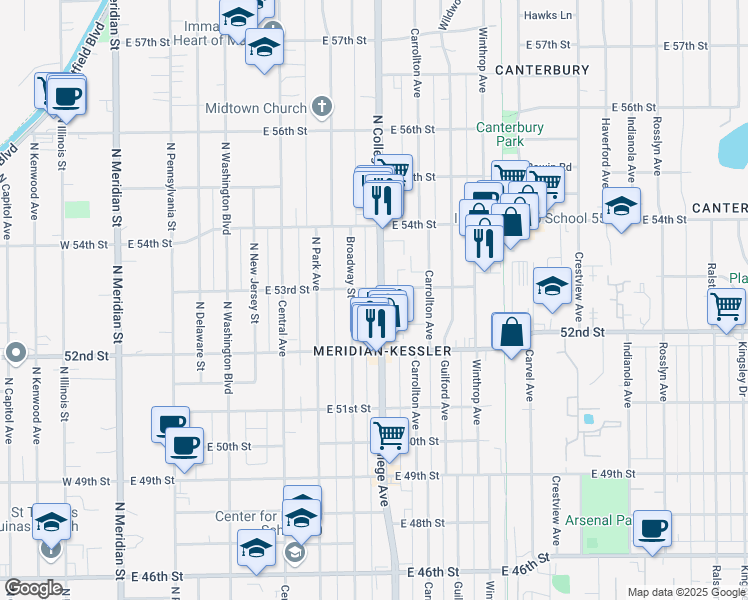 map of restaurants, bars, coffee shops, grocery stores, and more near 656 East 53rd Street in Indianapolis