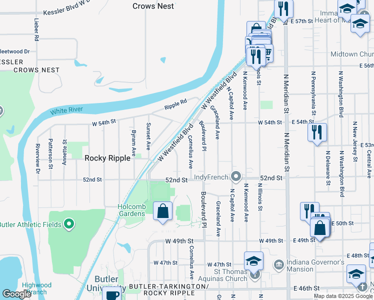 map of restaurants, bars, coffee shops, grocery stores, and more near 421 West Westfield Boulevard in Indianapolis