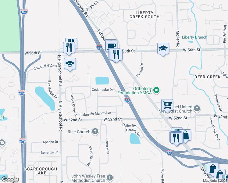 map of restaurants, bars, coffee shops, grocery stores, and more near 5378 Lakeside Manor Drive in Indianapolis