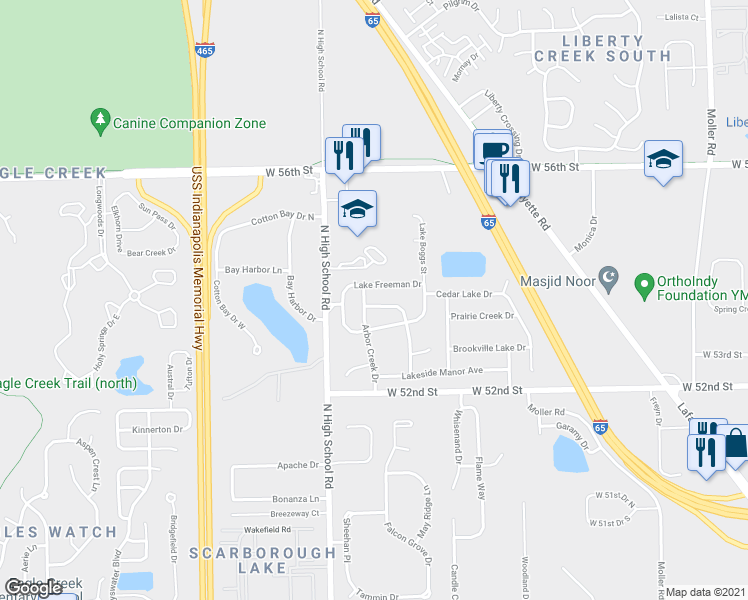 map of restaurants, bars, coffee shops, grocery stores, and more near 5368 Arbor Creek Drive in Indianapolis