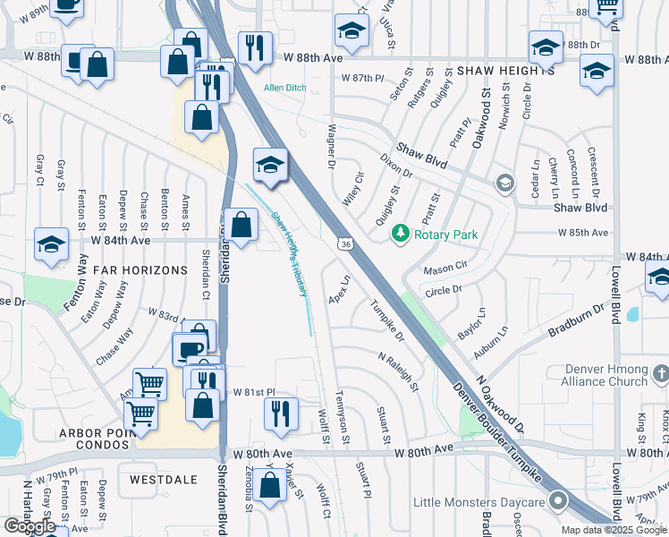 map of restaurants, bars, coffee shops, grocery stores, and more near 8393 Tennyson Street in Westminster