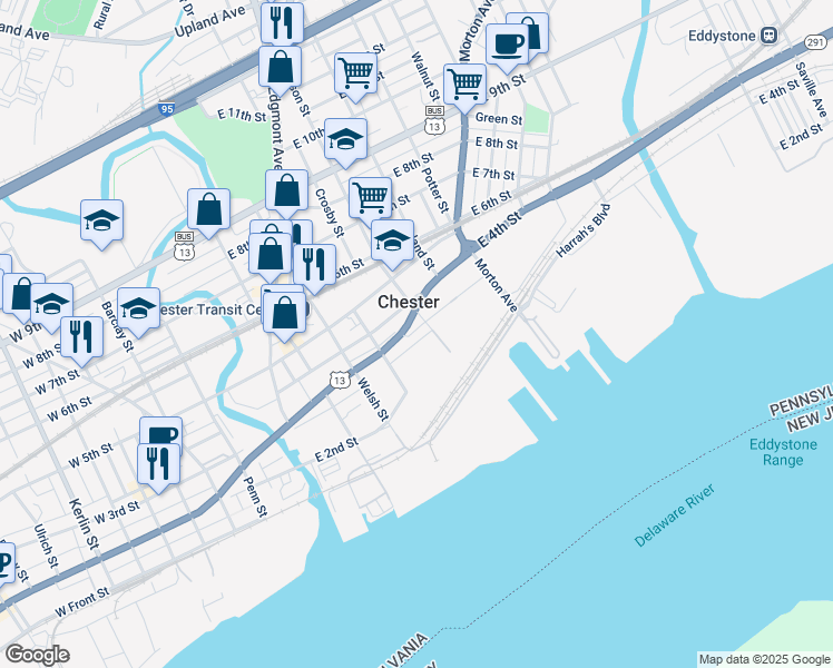 map of restaurants, bars, coffee shops, grocery stores, and more near 251 East 3rd Street in Chester