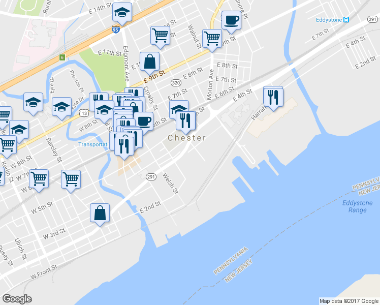 map of restaurants, bars, coffee shops, grocery stores, and more near 251 East 3rd Street in Chester