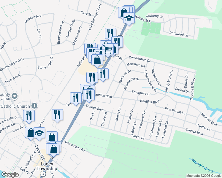 map of restaurants, bars, coffee shops, grocery stores, and more near 307 Constitution Drive in Lacey Township