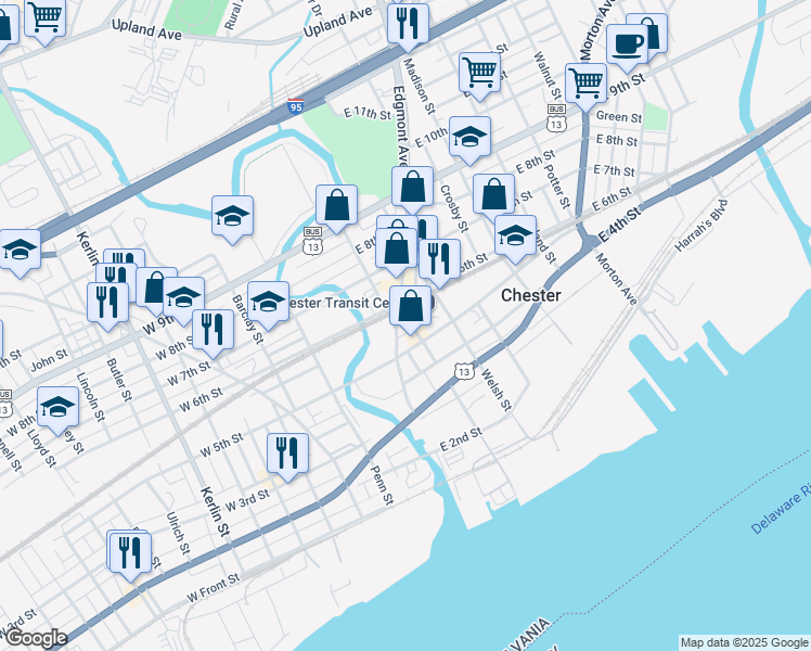 map of restaurants, bars, coffee shops, grocery stores, and more near 512 Avenue of the States in Chester