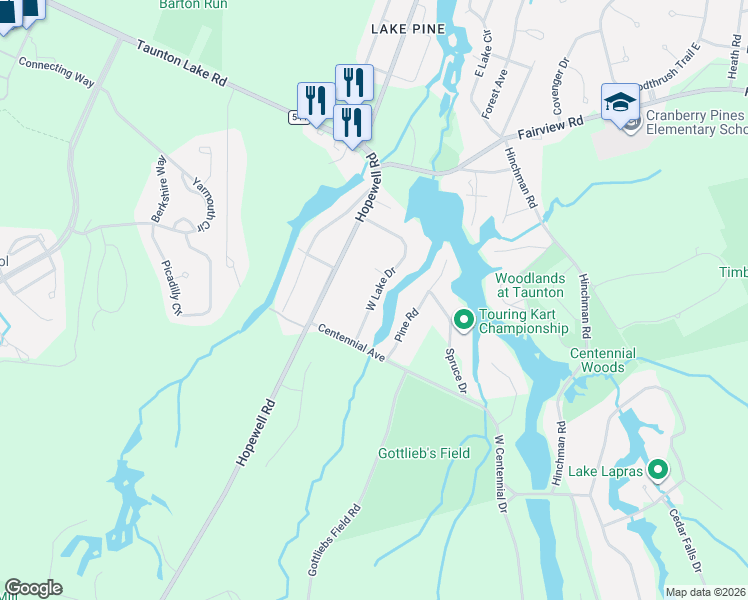 map of restaurants, bars, coffee shops, grocery stores, and more near 31 West Lake Drive in Medford