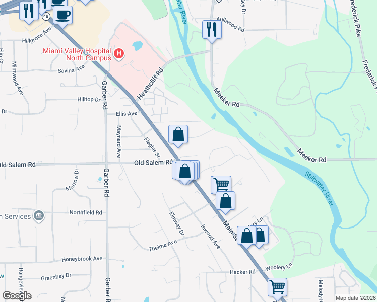 map of restaurants, bars, coffee shops, grocery stores, and more near 14 Dorchester Drive in Dayton
