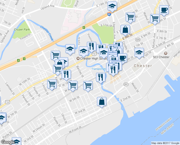 map of restaurants, bars, coffee shops, grocery stores, and more near 201 West 7th Street in Chester