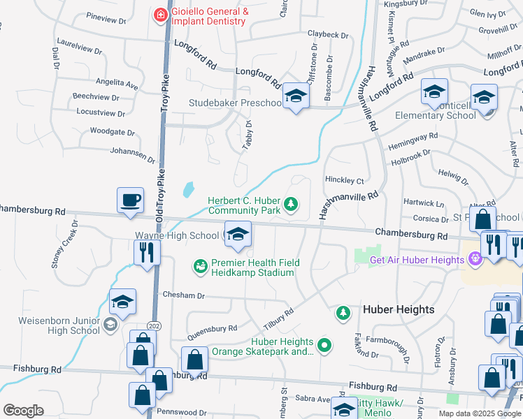 map of restaurants, bars, coffee shops, grocery stores, and more near 5117 Chambersburg Road in Dayton