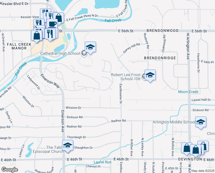 map of restaurants, bars, coffee shops, grocery stores, and more near 5228 Greenwillow Road in Indianapolis