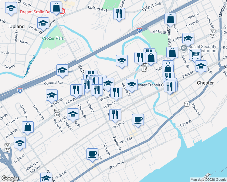 map of restaurants, bars, coffee shops, grocery stores, and more near 339 West 9th Street in Chester