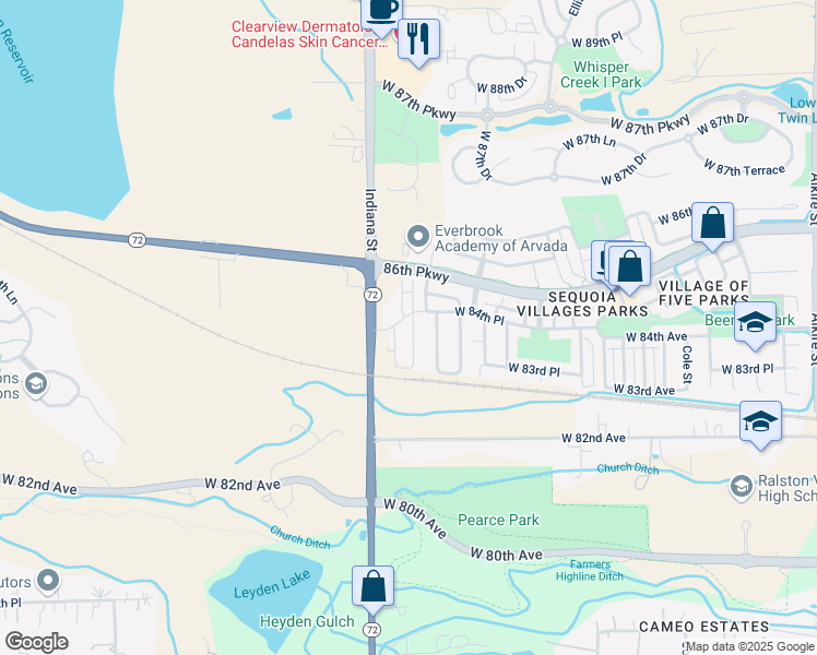 map of restaurants, bars, coffee shops, grocery stores, and more near 8394 Holman Street in Arvada