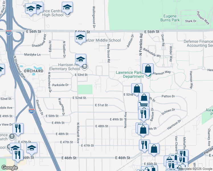 map of restaurants, bars, coffee shops, grocery stores, and more near 5222 Old Fairgrounds Drive in Indianapolis