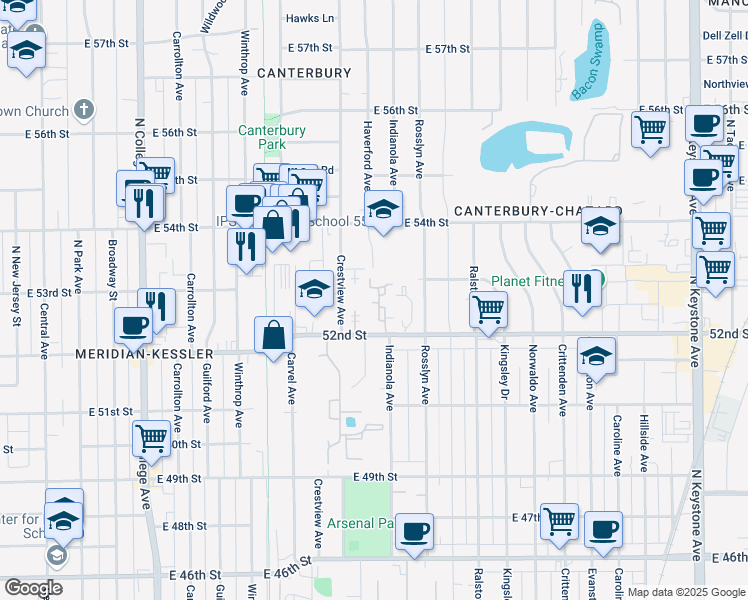map of restaurants, bars, coffee shops, grocery stores, and more near 5234 Luzzane Drive in Indianapolis