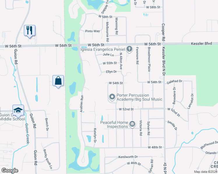 map of restaurants, bars, coffee shops, grocery stores, and more near 3461 West 54th Street in Indianapolis