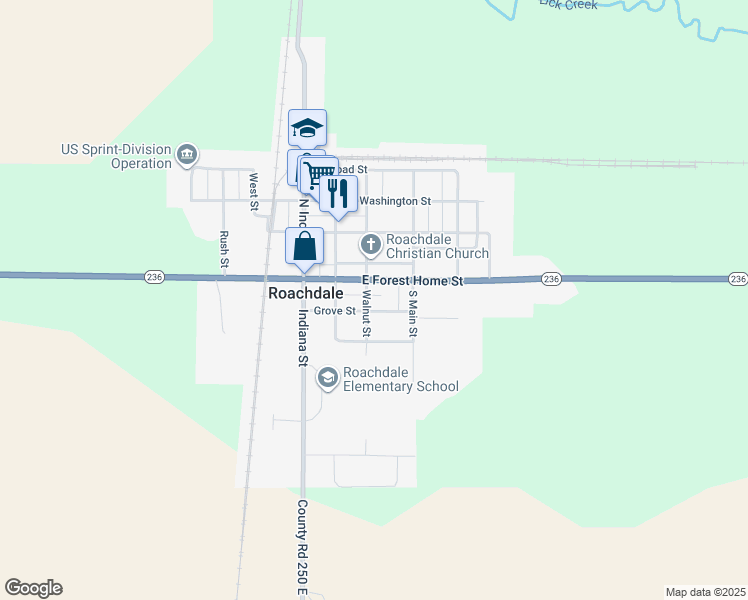 map of restaurants, bars, coffee shops, grocery stores, and more near 203 East Forest Home Street in Roachdale