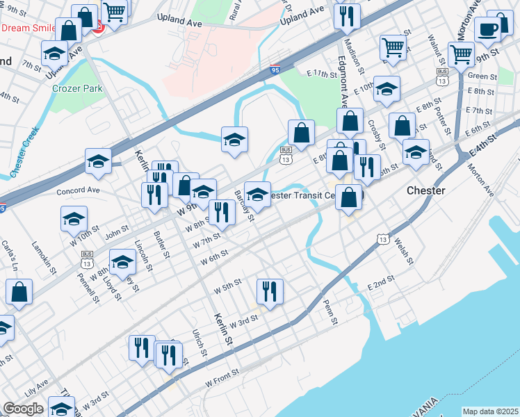 map of restaurants, bars, coffee shops, grocery stores, and more near 222 West 7th Street in Chester