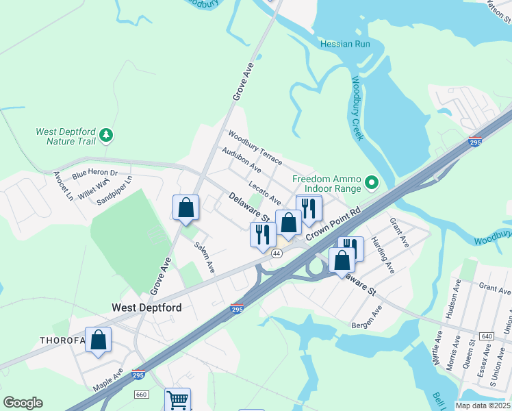 map of restaurants, bars, coffee shops, grocery stores, and more near 178 Delaware Street in West Deptford