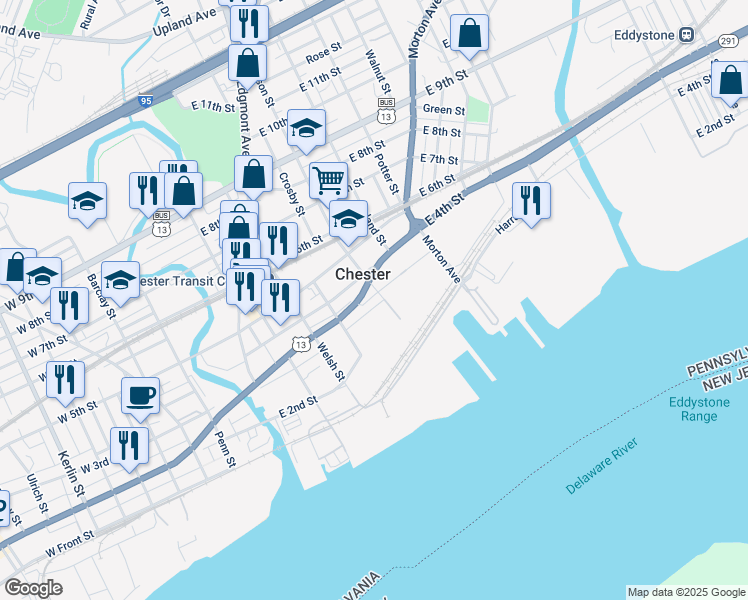 map of restaurants, bars, coffee shops, grocery stores, and more near 259 East 3rd Street in Chester